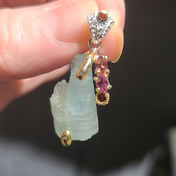 Aquamarine Ruby &Tourmaline Sterling&gold pendant - Picture 3 of 8